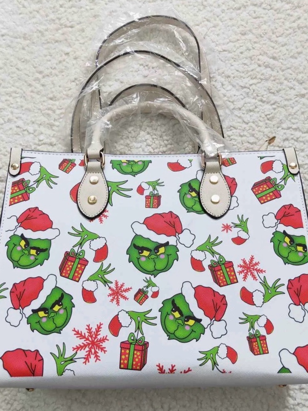 Festive Grinch Print White Tote Bag
